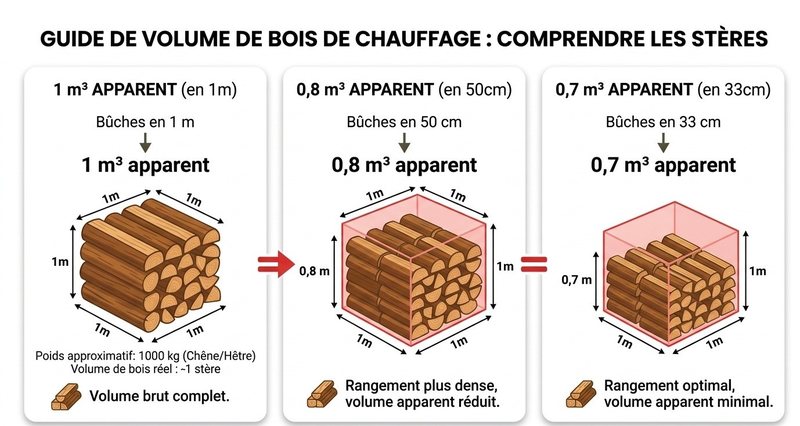 Comparaison du volume apparent d'un stère : 1 m³ en bûches de 1 mètre, 0,8 m³ en bûches de 50 cm, 0,7 m³ en bûches de 33 cm. Plus les bûches sont courtes, mieux elles s'emboîtent et moins le tas occupe de place.