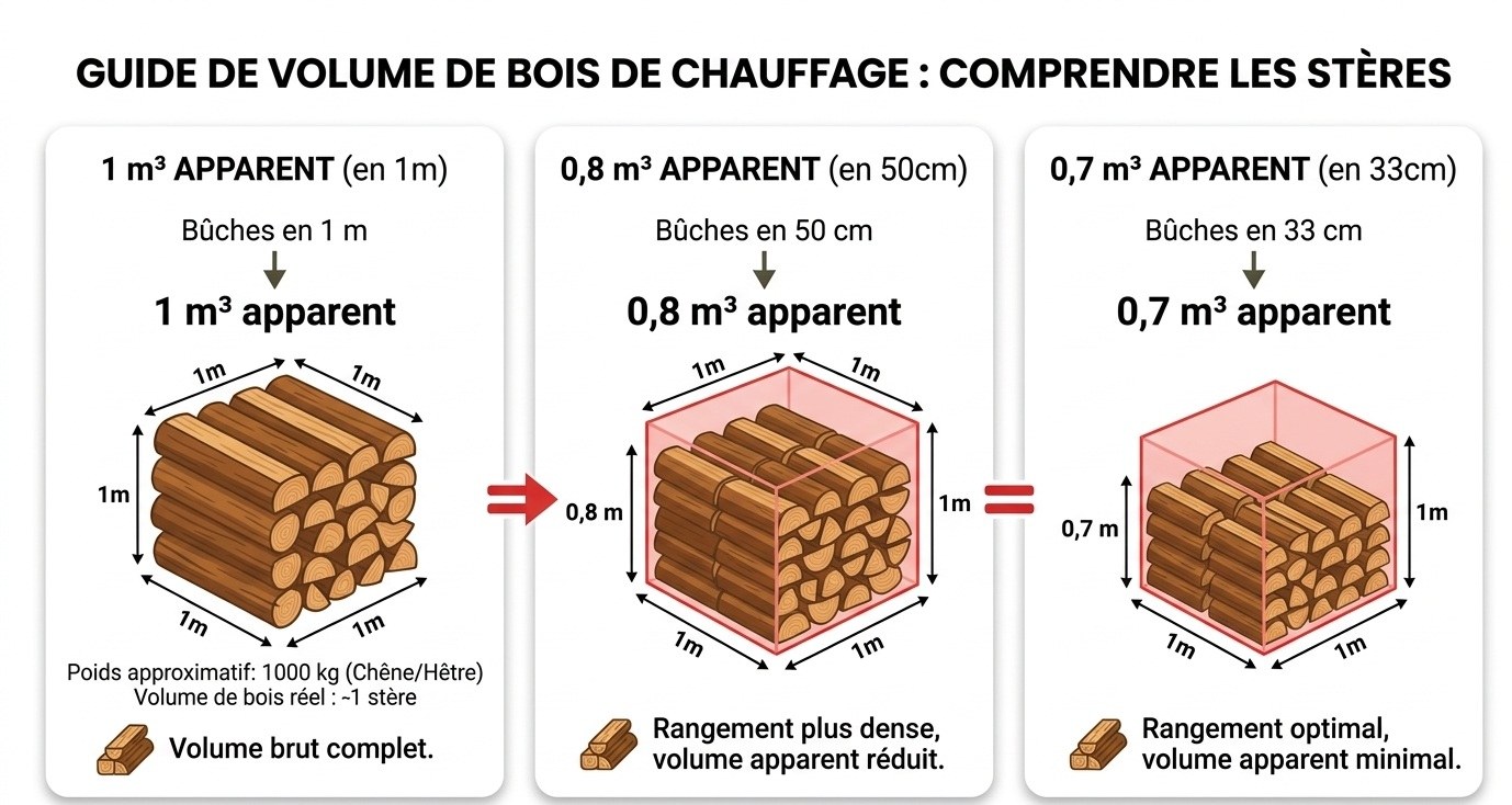 Schéma agrandi : volume apparent d'un stère selon la longueur des bûches